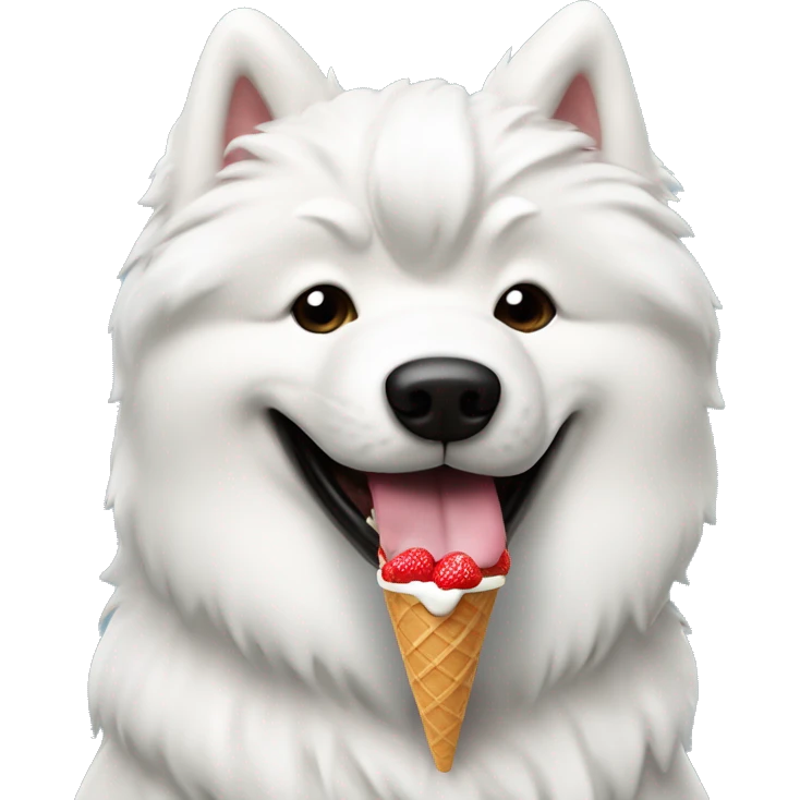Samoyed dog eating vanilla strawberry ice cream flavored wearing black leather jacket  emoji