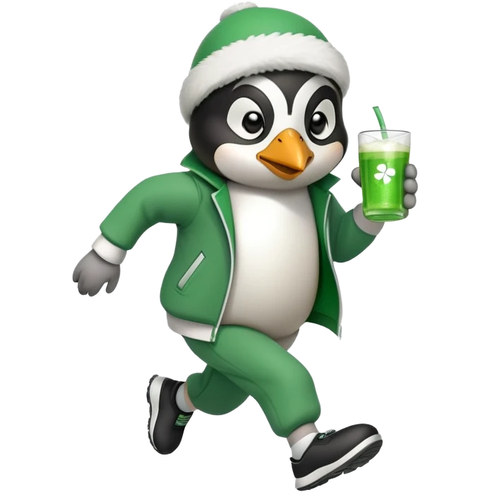 full body friendly anthropomorphised penguin wearing green mafia-style tracksuit, angry, running determined sprint, shamrock accessory, no drink emoji