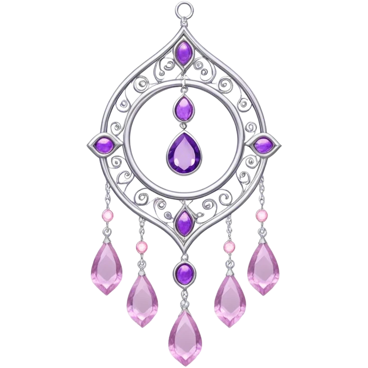 Epic Hanging silver suncatcher, threads with shiny sparkly amethyst and rose-quartz gemstones,  emoji