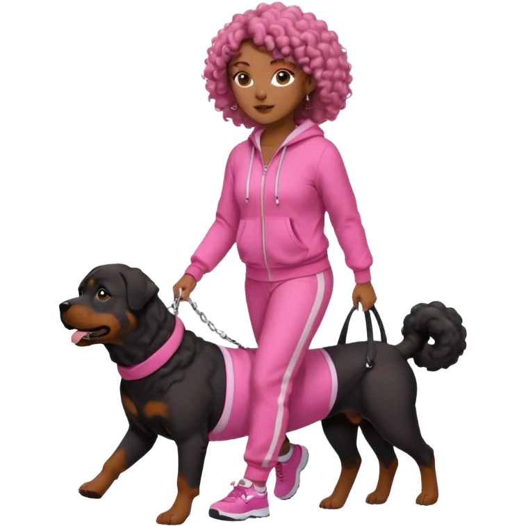 African american curly haired woman in all pink tracksuit walking big Rottweiler dog emoji