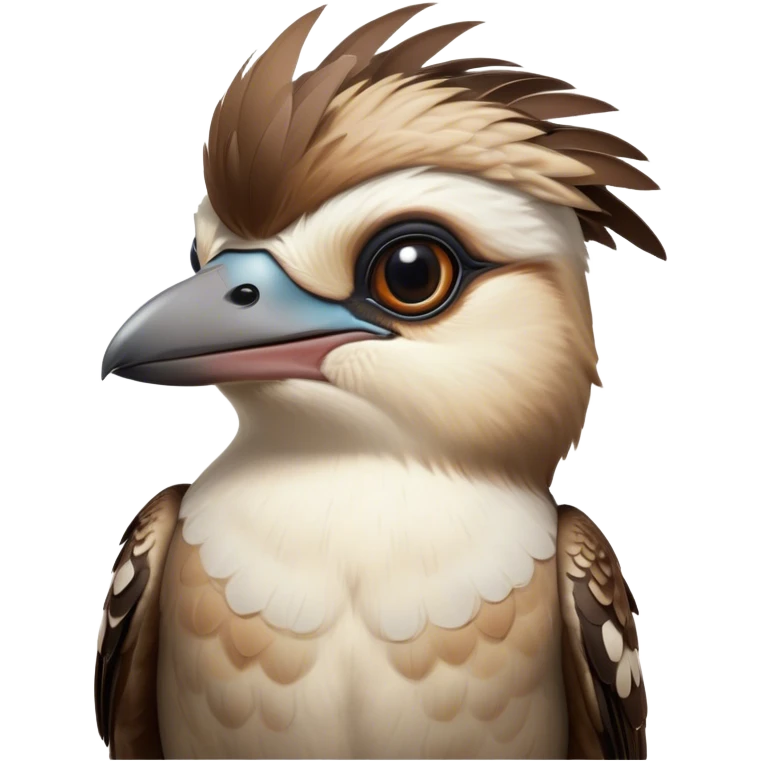 Cinematic Noble Kookaburra Portrait Emoji, Poised and regal, with a stout, robust build and a striking plumage of earthy browns and creams, a strong beak and deep-set soulful eyes, Simplified yet sharp and sophisticated features, highly detailed, glowing with a soft, dignified glow, high shine, intelligent and exuberant, stylized with an air of native woodland majesty, focused and attentive, soft glowing outline, capturing the essence of a watchful and confident bird, so majestic it feels as though it could laugh out of the screen with effortless authority! emoji