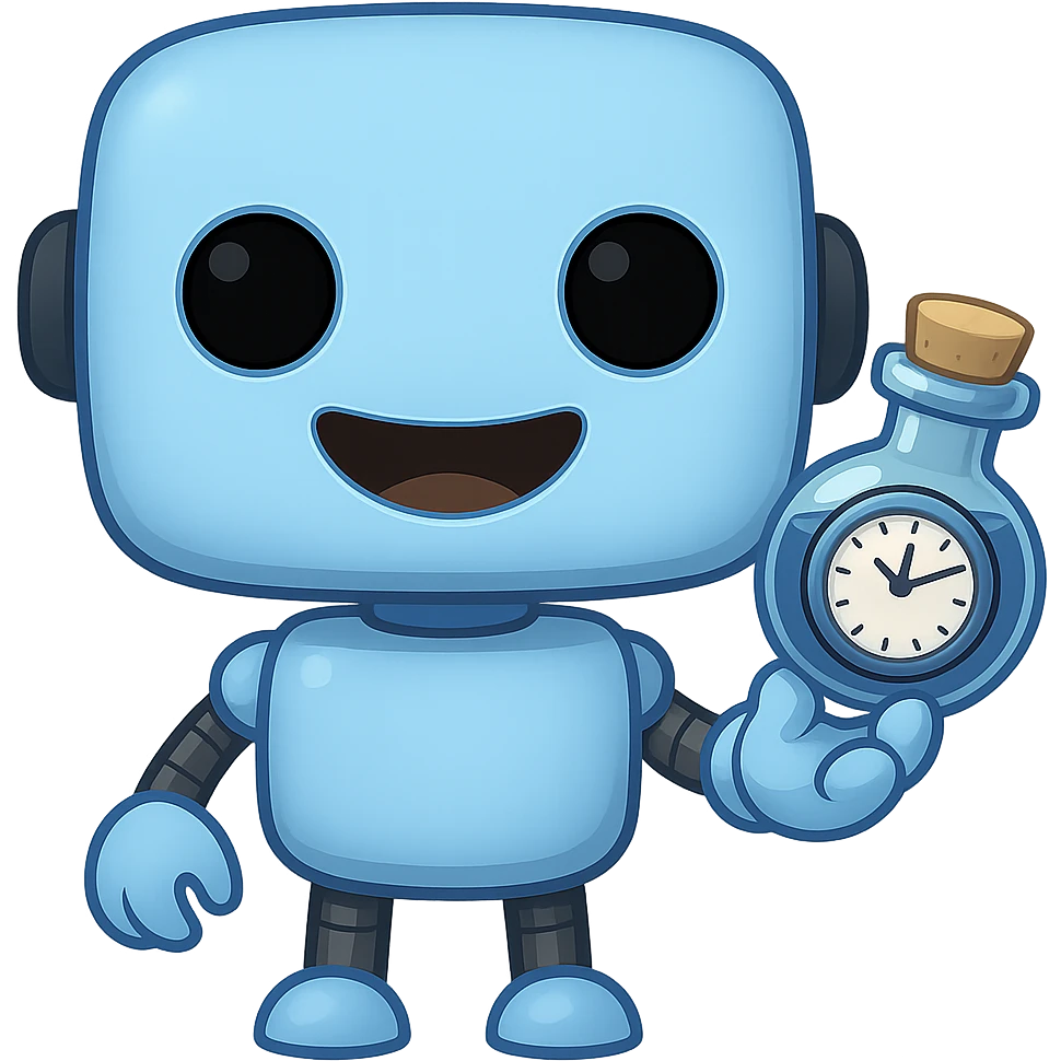 Replace the flower in the robot's hand with a time elixir bottle. Keep the rest of the image the same. The robot is light blue (#b0f2f8) and cute. The style should resemble apple emoji style with a transparent background. emoji