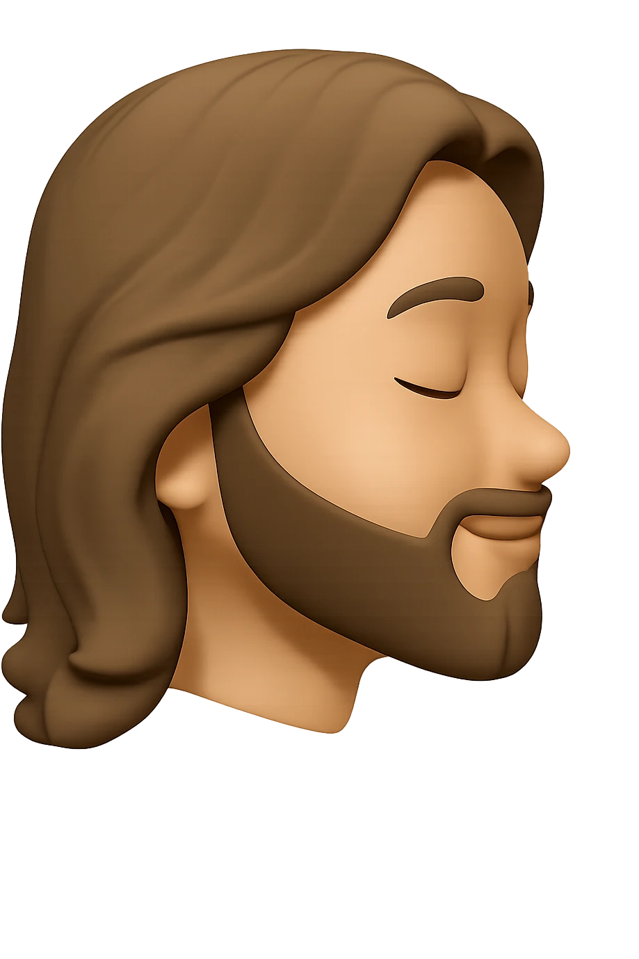 Edit the image to depict Jesus head in side profile view with closed eyes and a gentle smile. The style should resemble Apple emoji style with a 3D look and soft shading, on a transparent background. emoji