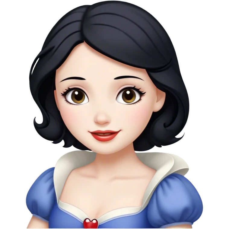 Cinematic Radiant Snow White Portrait Emoji, rendered in a realistic, vector style with clean proportions. Show Snow White with a soft, welcoming smile, delicate porcelain skin, and neatly arranged raven hair, wearing her timeless dress. The image radiates a warm, inviting glow, high shine, and is enhanced by a soft glowing outline that accentuates her gentle beauty. emoji