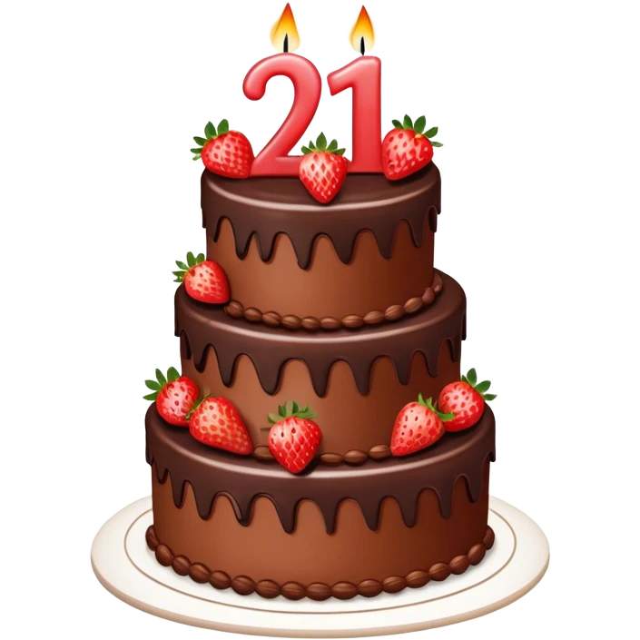 A Multi-tiered birthday cake with the number twenty one 21 on it and the cake is chocolate and straw berries and nice burning candles emoji