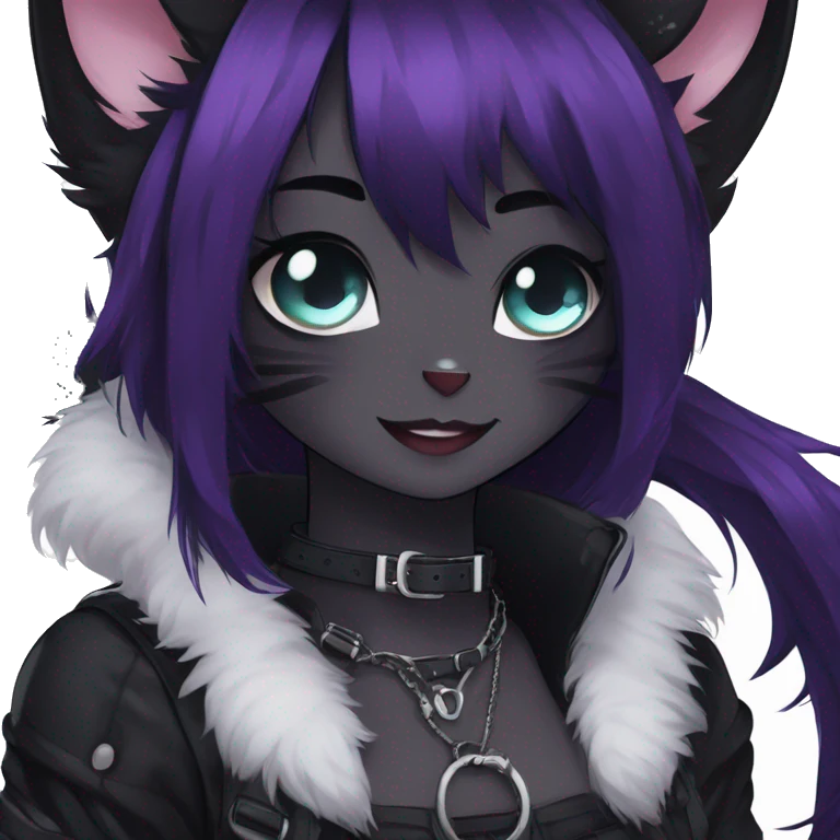 Gorgeous gothic dark techwear anime style anthro black cat furry with blushing face aesthetic and pretty edgy black with collar and harness trending style emoji