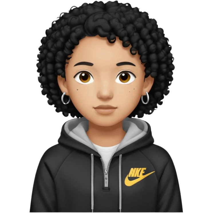Blasian teenager wearing a nike hoodie with black curly hair and ears pierced emoji