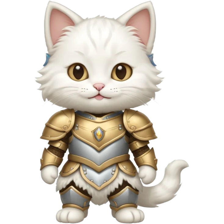 baby white cat in armor, full body, smile emoji