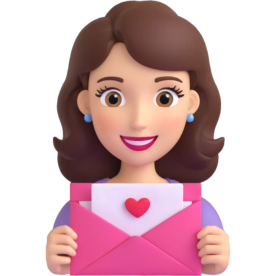 3D emoji of a smiling, feminine face with big eyelashes, no body, colorful and friendly, romantic style, with feminine accessories, motif: love letter, transparent background emoji