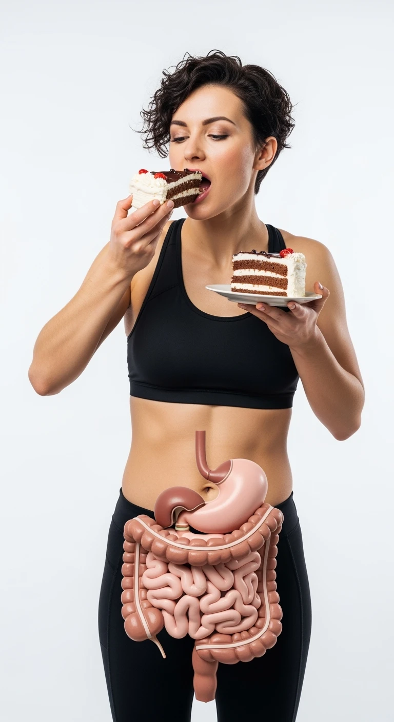 donna fitness con pancetta che mangia due fette di torta affamata, intestino umano anatomico, isolata su sfondo bianco emoji