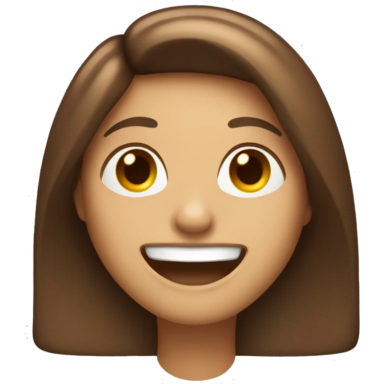 An emoji of a woman with long, straight brown hair and a large mouth, smiling with a friendly expression emoji