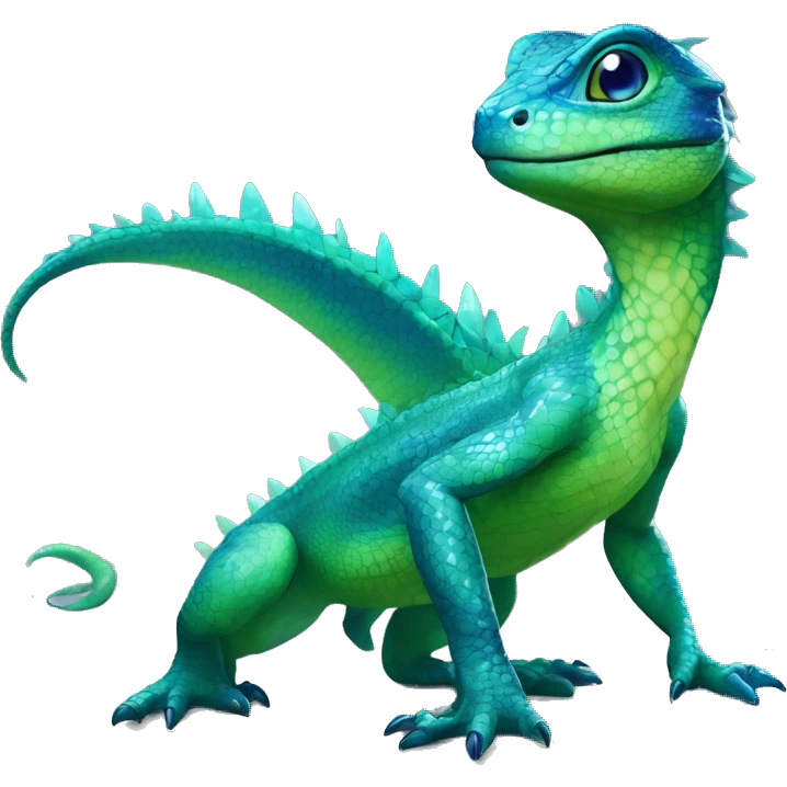 A Cyan Shiny Glossy Iridescent Anthro-Scalie-Lizard-Reptile-Salamandrian-Fakémon with dark-blue patterns and light-green belly Full Body emoji