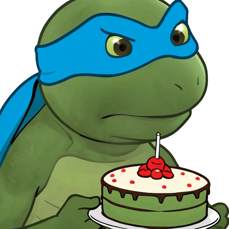 ninja turtle wearing blue eye mask eating cake emoji