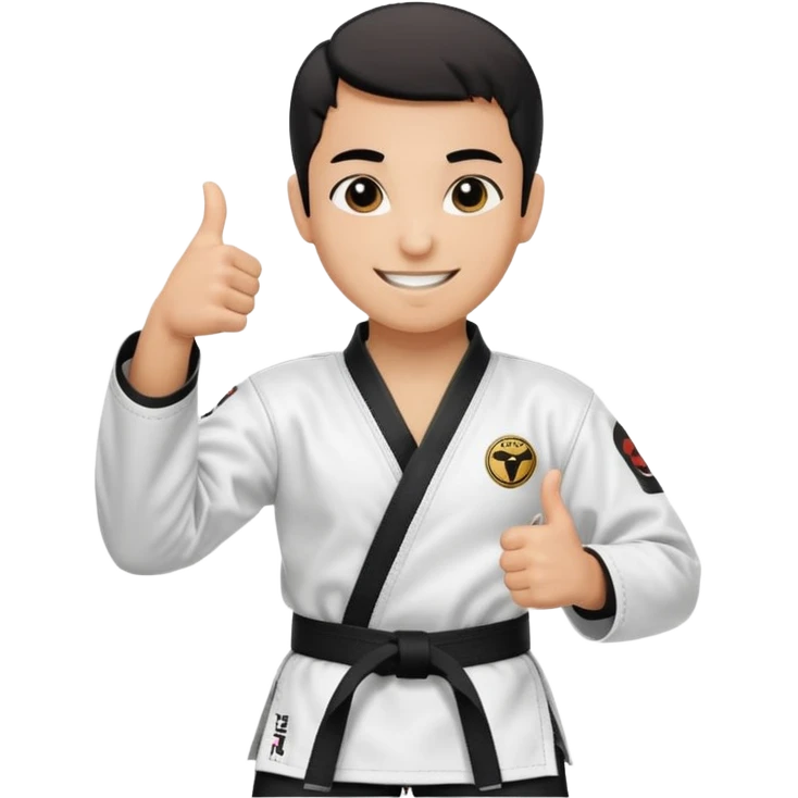Perfecto pero el uniforme debe ser de taekwondo de ATA cinturón negro con un logo de mambo negra y realizando este gesto sonriendo 👍🏼 emoji