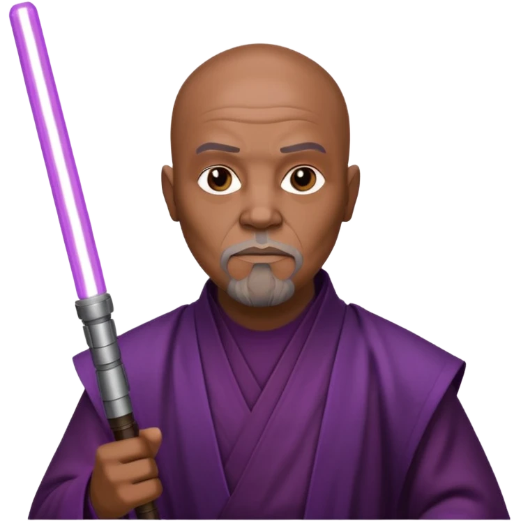 star wars master windu bald head, no facial hair, brown jedi outfit with purple lightsaber emoji