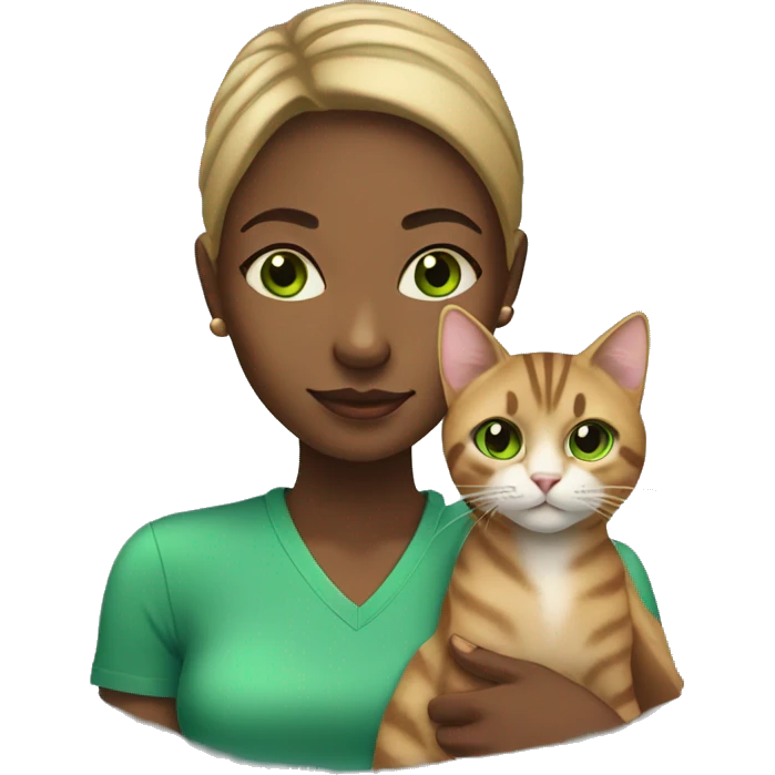 Young black woman with tabby cat with green eyes emoji