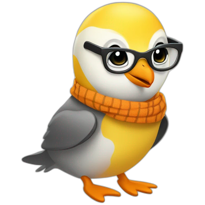 yellow penguin with black glasses dirtyblonde hair with orange tshirt and gray striped scarf emoji