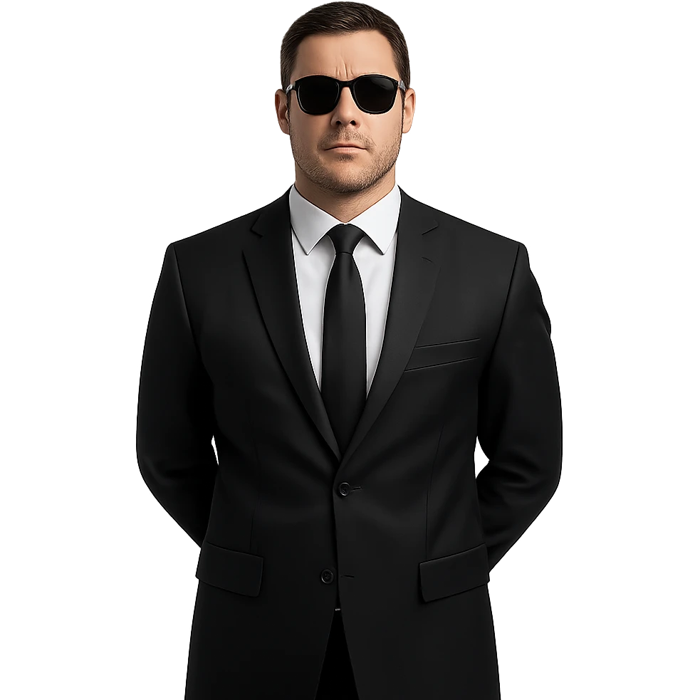 bodyguard standing with hands behind back, wearing black suit and sunglasses, serious face emoji