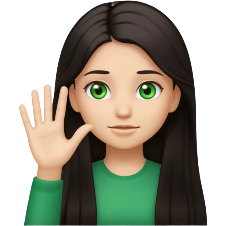 Animated girl dark long hair green eyes emoji holding right side of the head with her hand with duh facial expression  emoji
