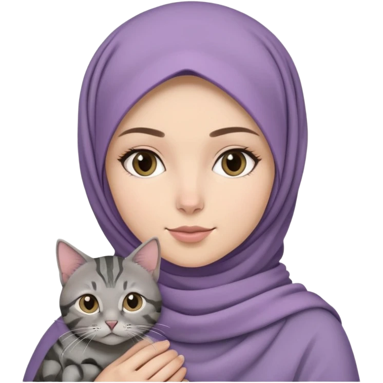 White girl wearing dusty purple hijab holding a black and grey tabby cat emoji