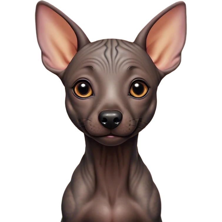 Cinematic Cute Xoloitzcuintle Portrait Emoji, Head tilted playfully and inquisitively, featuring smooth, hairless ebony skin with distinctive, artistic wrinkles, round, sparkling dark eyes filled with curiosity, Simplified yet irresistibly adorable features, highly detailed, glowing with a warm, friendly glow, high shine, affectionate and spirited, stylized with a touch of whimsy, bright and endearing, soft glowing outline, capturing the essence of a mischievous yet loving companion, so playful it feels like it could trot out of the screen and into your arms! emoji