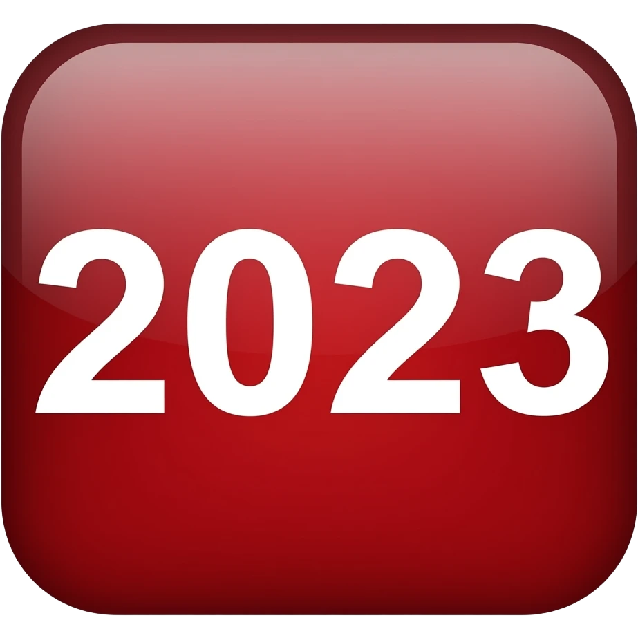 2023: Dark red inset with white "2023" text. emoji