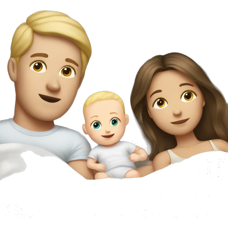 white baby lying in bed with white mom and white dad emoji