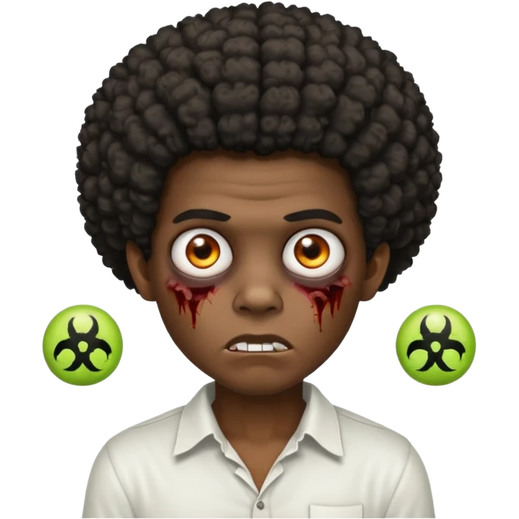 A dark-skinned boy with an afro, zombie eyes, and ears, wearing a white shirt. emoji