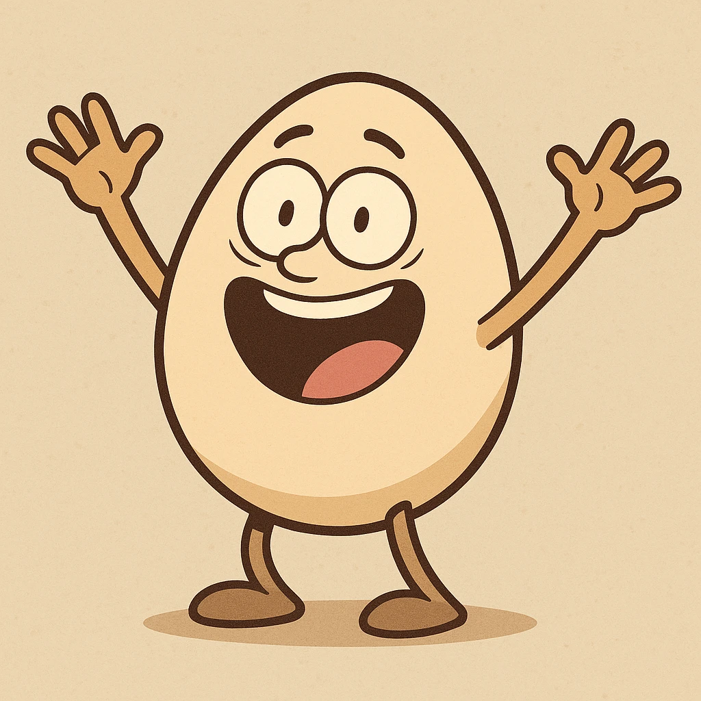 a happy egg with hands up, excited pose, flat illustration style emoji