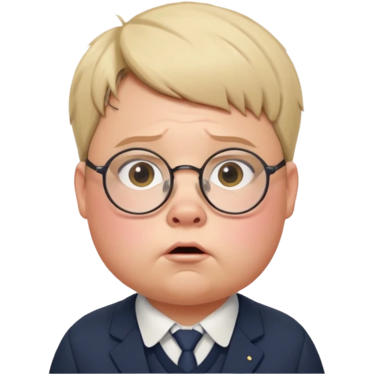 Piggy from 'Lord of the Flies', round face, glasses, chubby cheeks, short hair, anxious expression, school uniform hints emoji