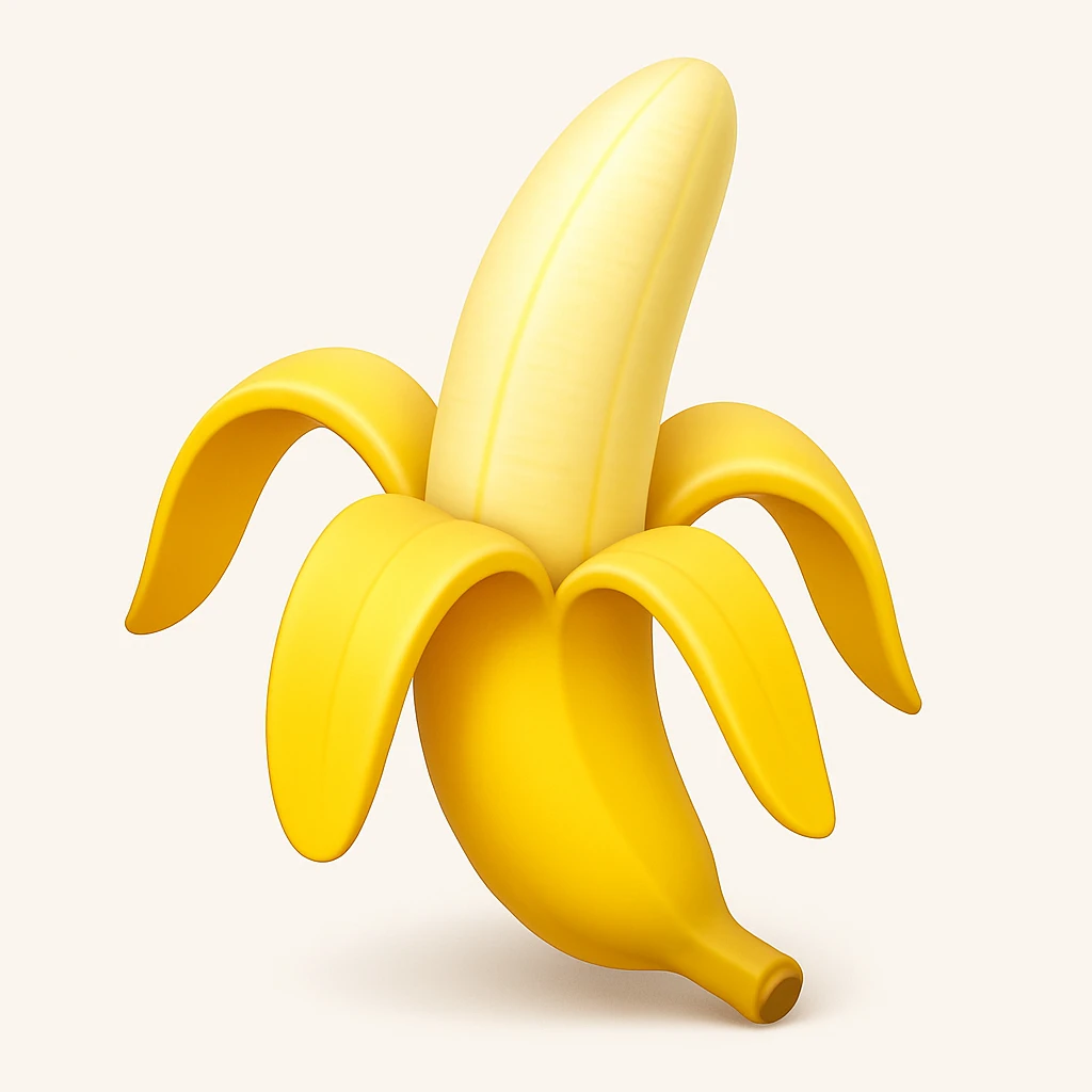 Make a banana emoji exactly like the reference image, in iOS emoji style. Peeled banana, realistic shape, bright yellow, smooth and shiny. Add a soft shadow. The style should resemble the iOS emoji style. emoji