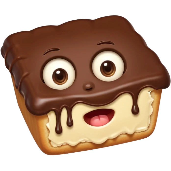 Funny cartoon rectangular chocolate mini pastry, slightly messy and squished, chocolate dripping, big round eyes, wide open mouth, playful surprised expression, text above: "ПАСТИЧКА", chibi style, Twitch emoji style, transparent background, colorful
``


 emoji