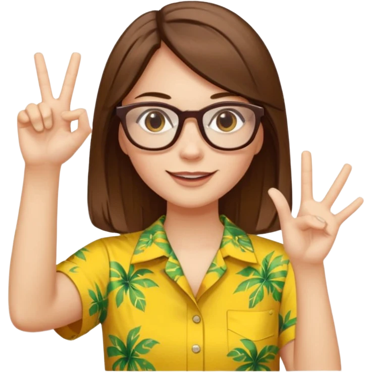 Hawaii female with white skin. Shoulder length straight brown hair. Brown eyes with glasses. Female wearing yellow Hawaiian print shirt. Women is making a hang loose sign with her left hand emoji