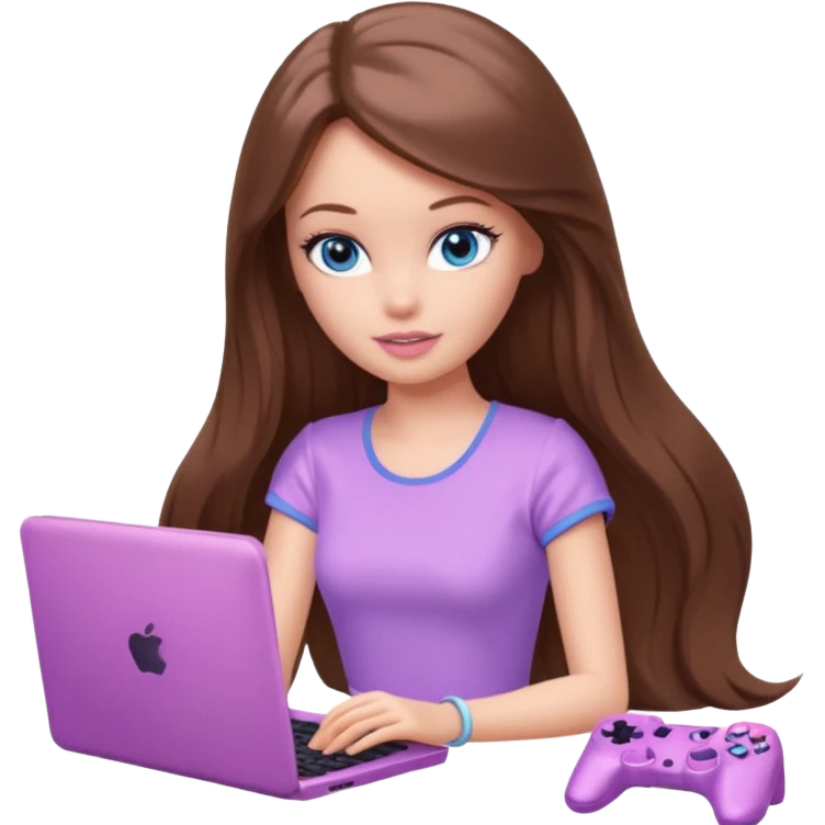 beautiful barbie girl with long brown hair, blue eyes and wearing light purple clothes playing pc games emoji