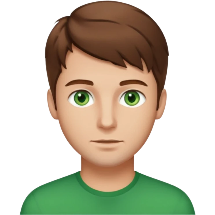 young man with brown hair that goes really high up, green eyes wide open emoji
