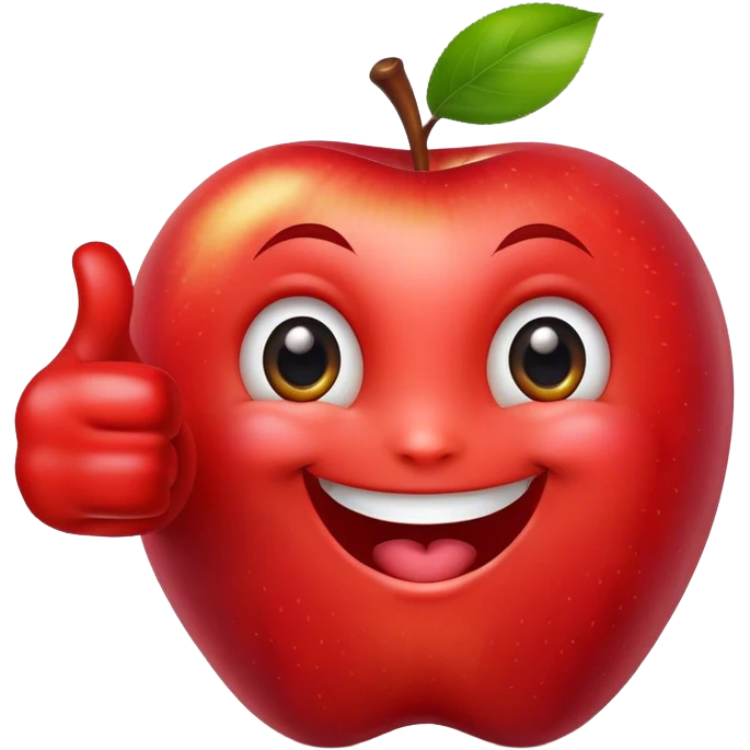 An apple with a big smile and expressive eyes giving a thumbs-up emoji