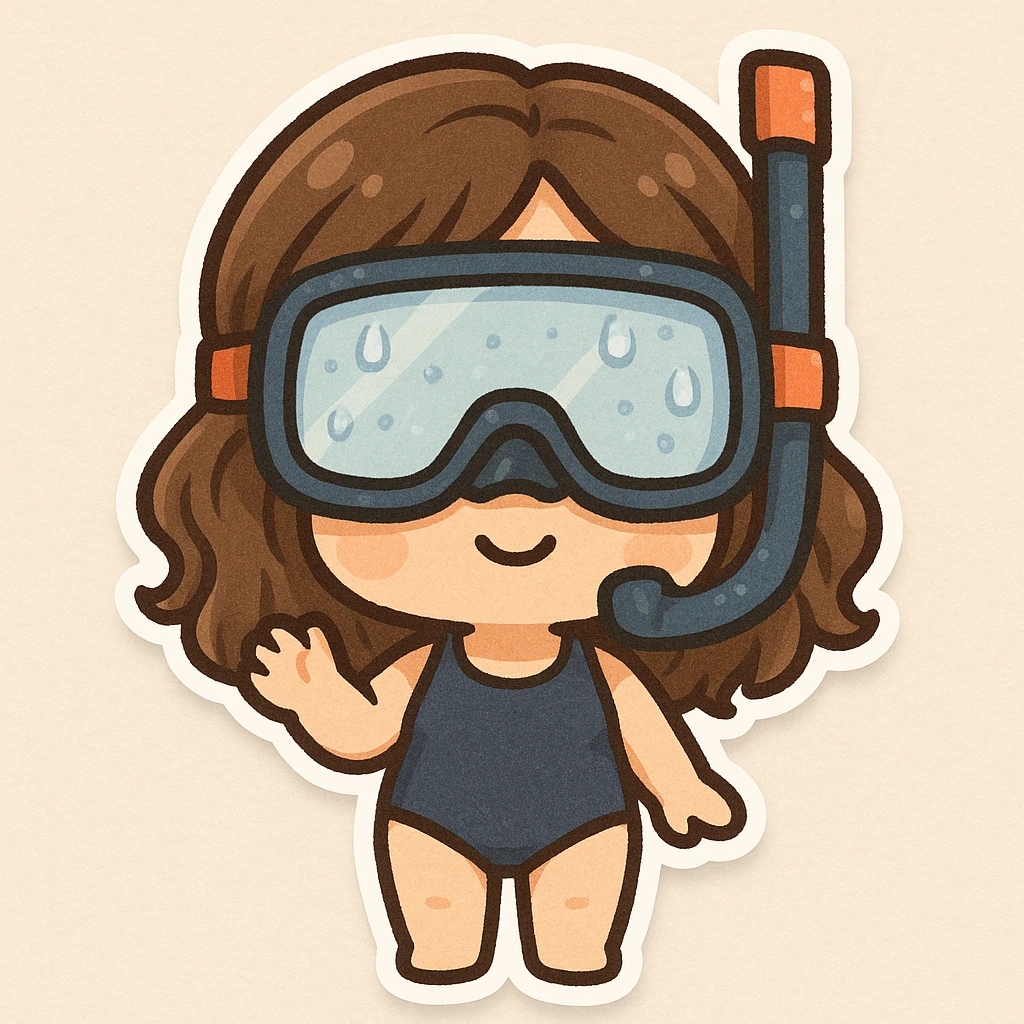 woman wearing snorkeling mask with water droplets on the mask, character style emoji