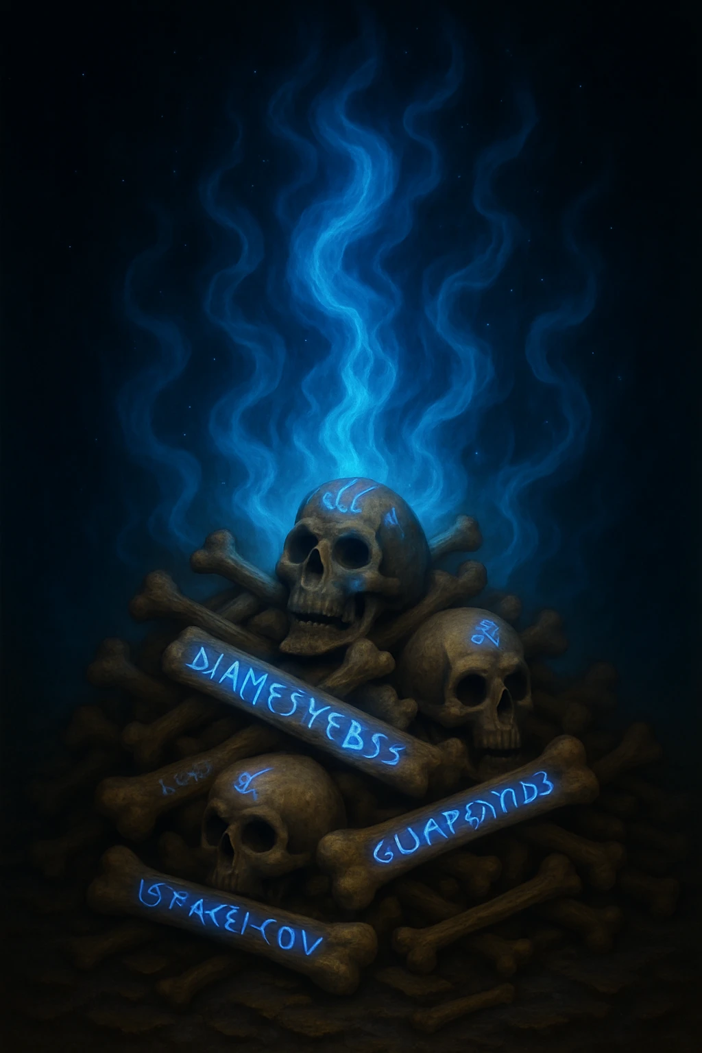 Change the mystical energy to blue, keep the pile of bones with magic runes and the fantasy style. Maintain the magical and enchanted atmosphere with blue mystical energy glowing around the bones. emoji