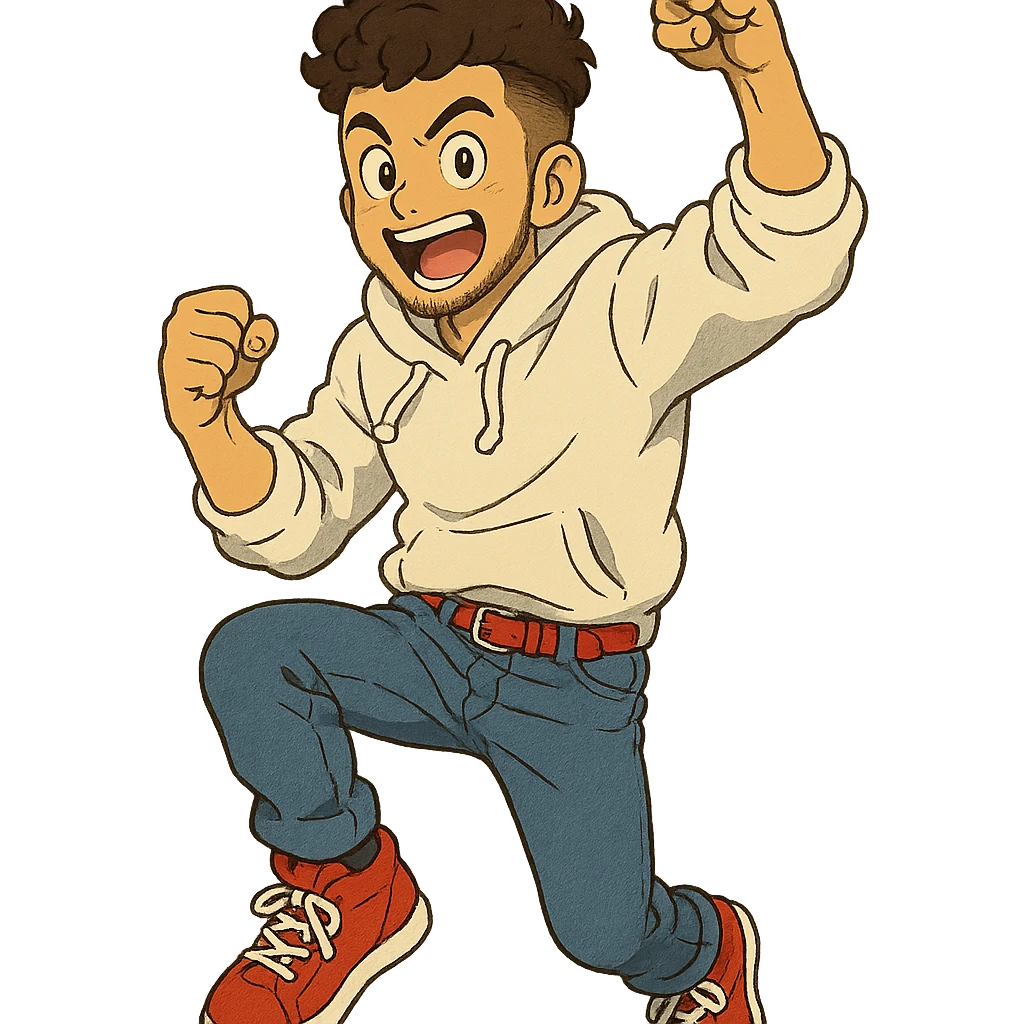 1 male, mid fade haircut dark chestnut brown curly hair, toasted lightskin, white hoodie sleeves up, fashion jeans, red fashion-sneakers shoes, red belt, short trimmed beard and goatee,  style of deku from "my hero academia", doing a "hype" pose emoji