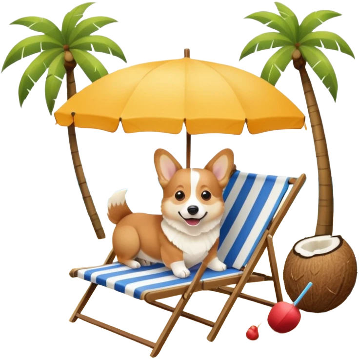 a corgi dog laied on a beach chair, a sunny beach, a sun umbrella, and beach coconut trees. the icon should capture the essence of a relaxing beach vacation with a carefree atmosphere emoji