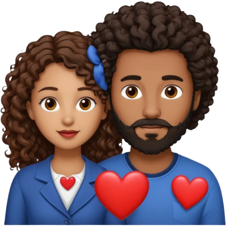 pareja de Mujer morena rizada cabello largo castaño ojos oscuros y hombre blanco con cabello negro corto con barba y ojos marron alrededor de la pareja corazones emoji
