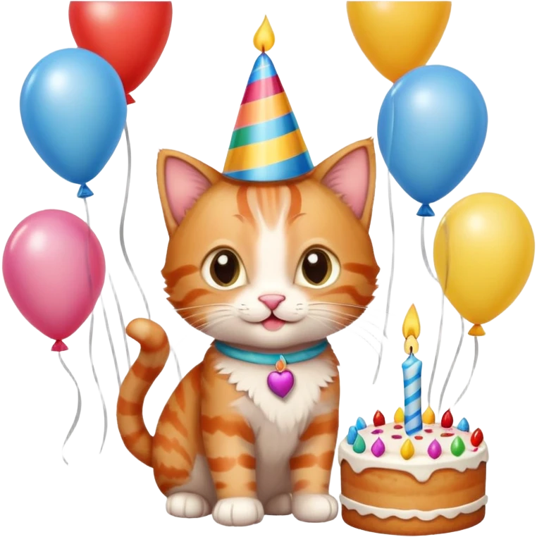 Ginger tabby kitten celebrates birthday, birthday hat, birthday cake, one candle, balloons, happy, gifts emoji