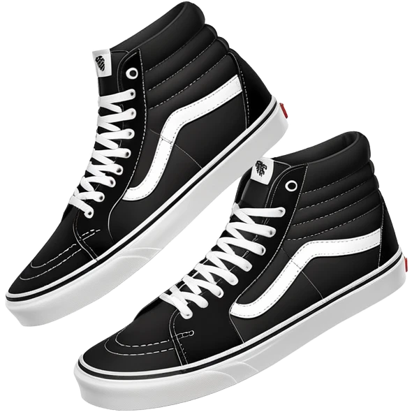 Clean minimalist iOS emoji style pair of black Vans Sk8-Hi high tops with one behind the other, simple forms, flat design, essential white stripe detail emoji