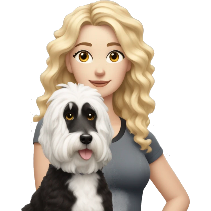 white woman with long blonde hair and cat shaped eyes wearing a yoga outfit standing alongside a black and white colored bernadoodle dog emoji