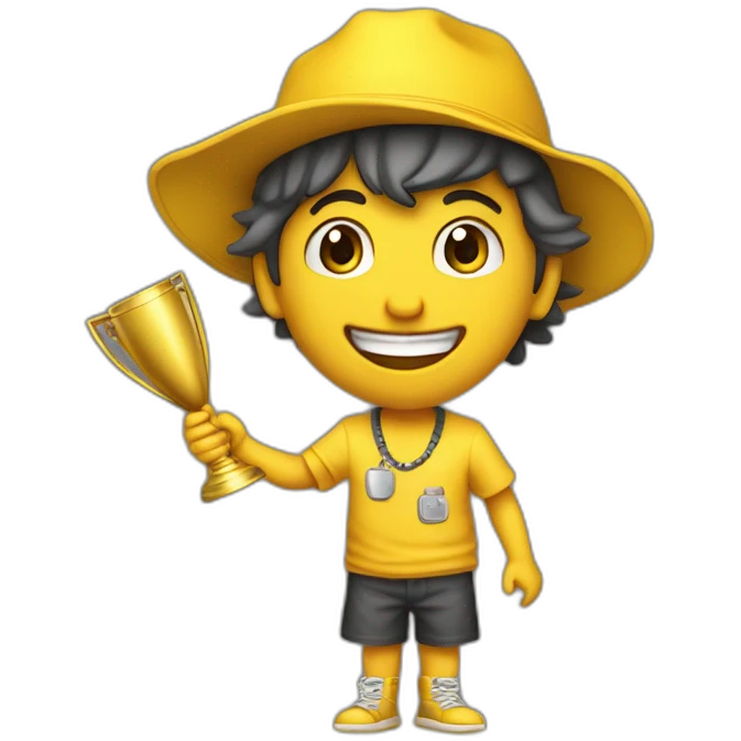 niño con gorro amarillo y con un trofeo amarillo sonriente se le ve los dientes emoji