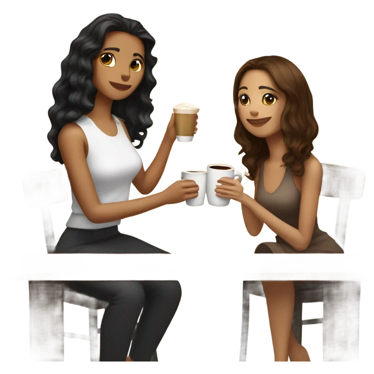 puerto rican woman light skin with shoulder-length, wavy, brown hair drinking latte with Italian woman with black, straight hair drinking espresso at table emoji