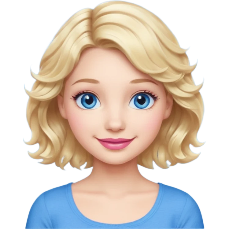 Girl Blonde short wavy hair,  blue eyes, cute blue top, long lashes, pink lips,  emoji