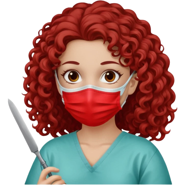 Lilith symbol seductress evil surgeon. curly, long hair. brown hair. Red surgical mask and hair covering. She works for cartel and kills  with a scalpel. emoji