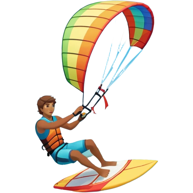 A professional kite surfer riding the waves, holding the kite in front of them as the wind fills the sail, propelling them across the water. The backdrop features a stunning landscape with a vibrant sky, crashing waves, and a sense of motion and adventure. emoji