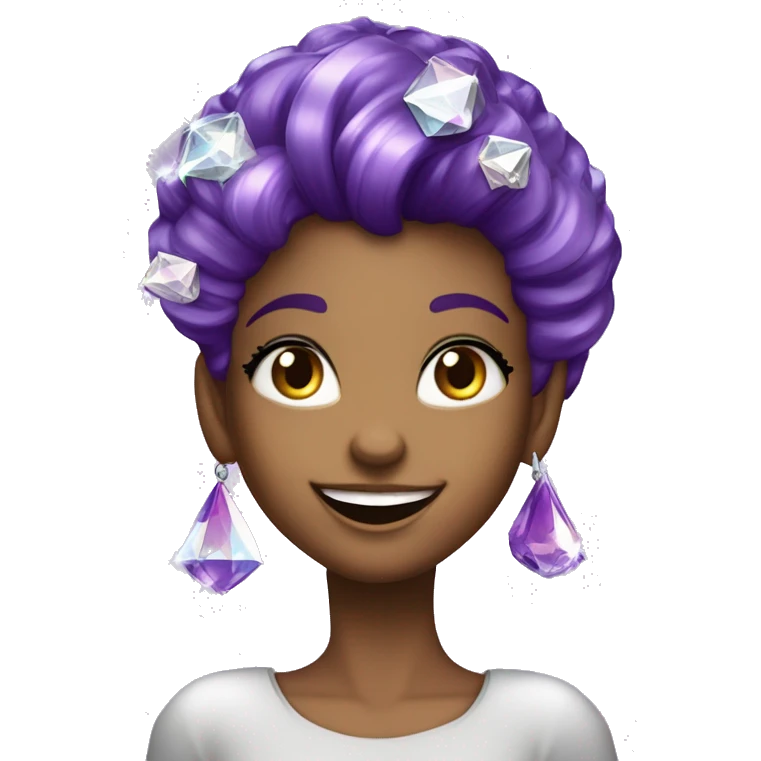 one girl with purple diamond hair made from purple crystals or diamonds or jewels, she is feeling happy and elated and excited, make her hair shiny with prisms and angles and edges, now make her hair crystallized emoji